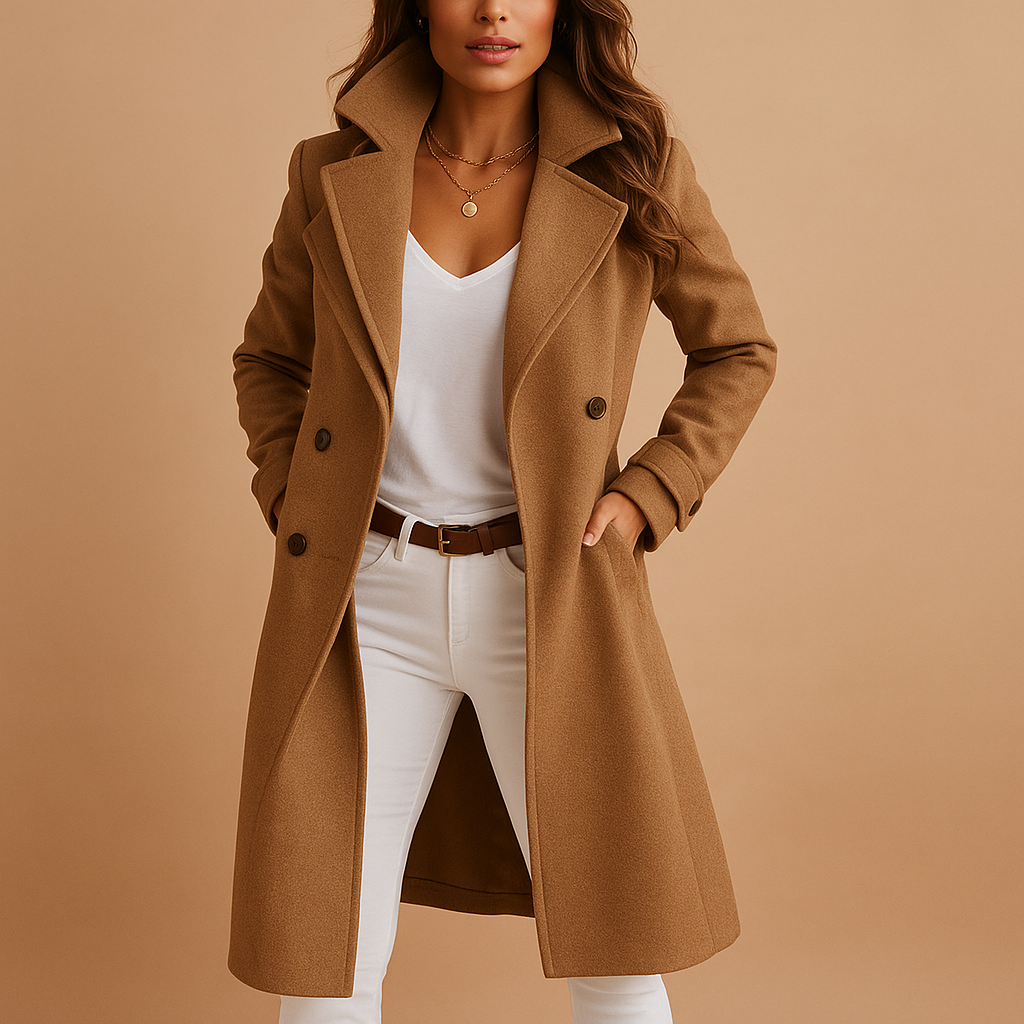 Elegant Long Women's Coat with Button Detail and Classic Collar