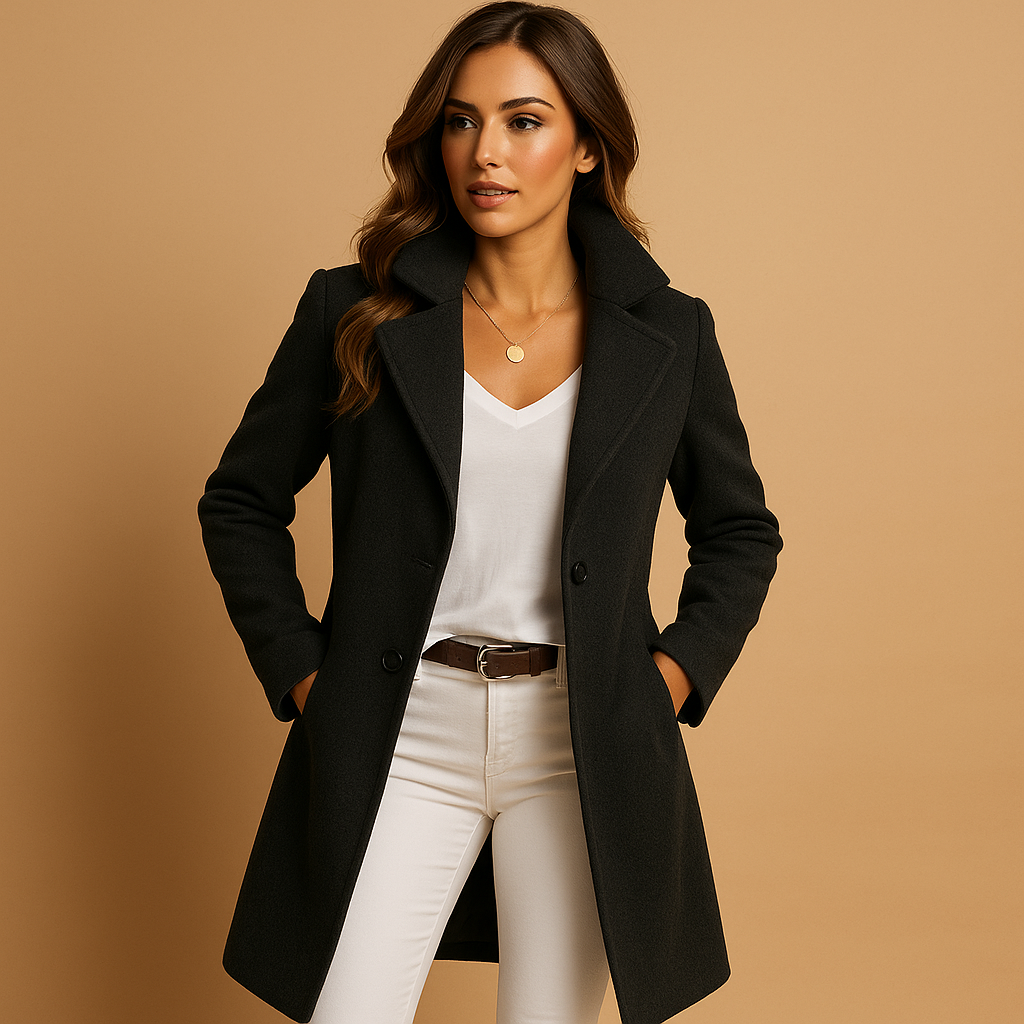 Elegant Long Women's Coat with Button Detail and Classic Collar