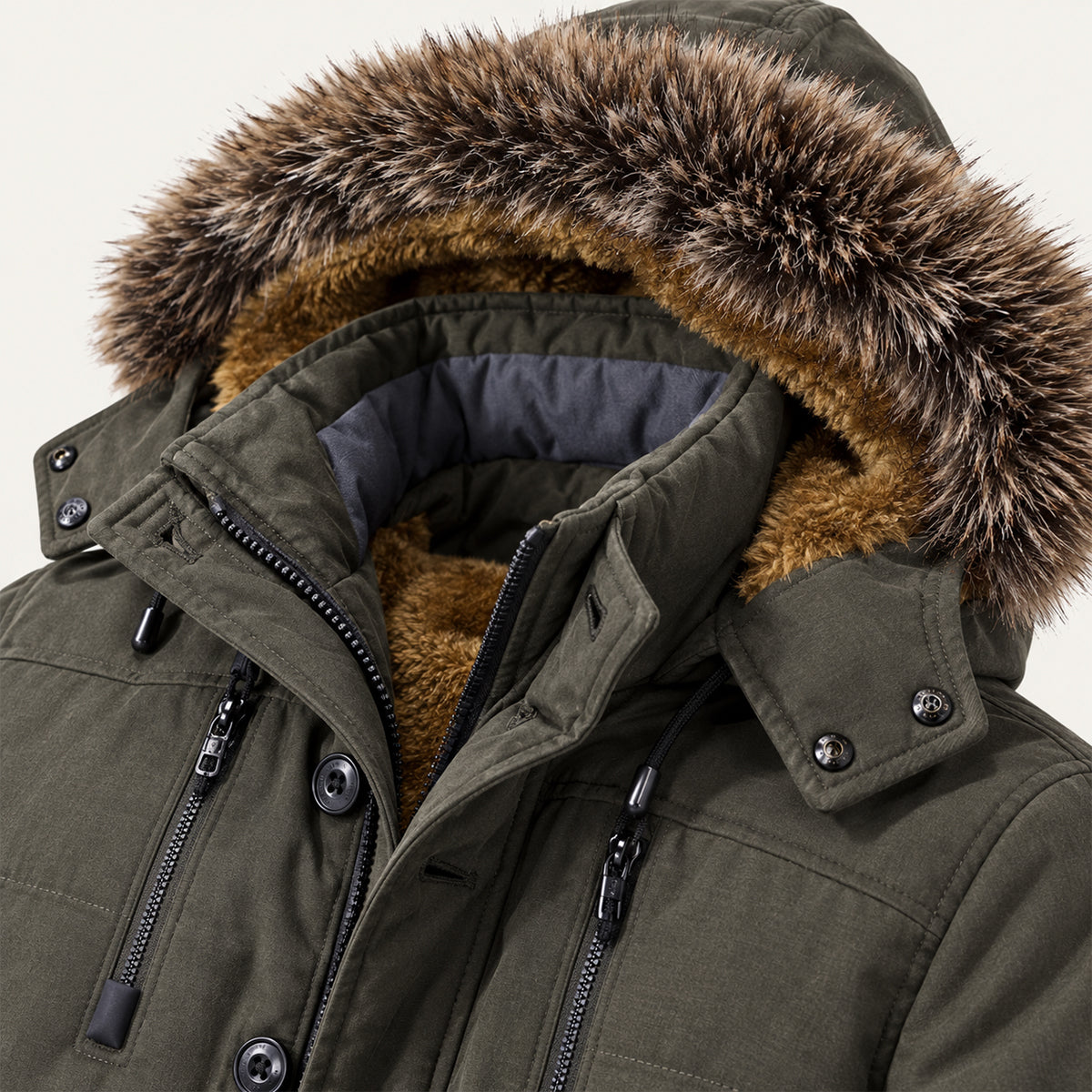 Men's Puffer Jacket Charcoal Fur Hooded Winter Coat