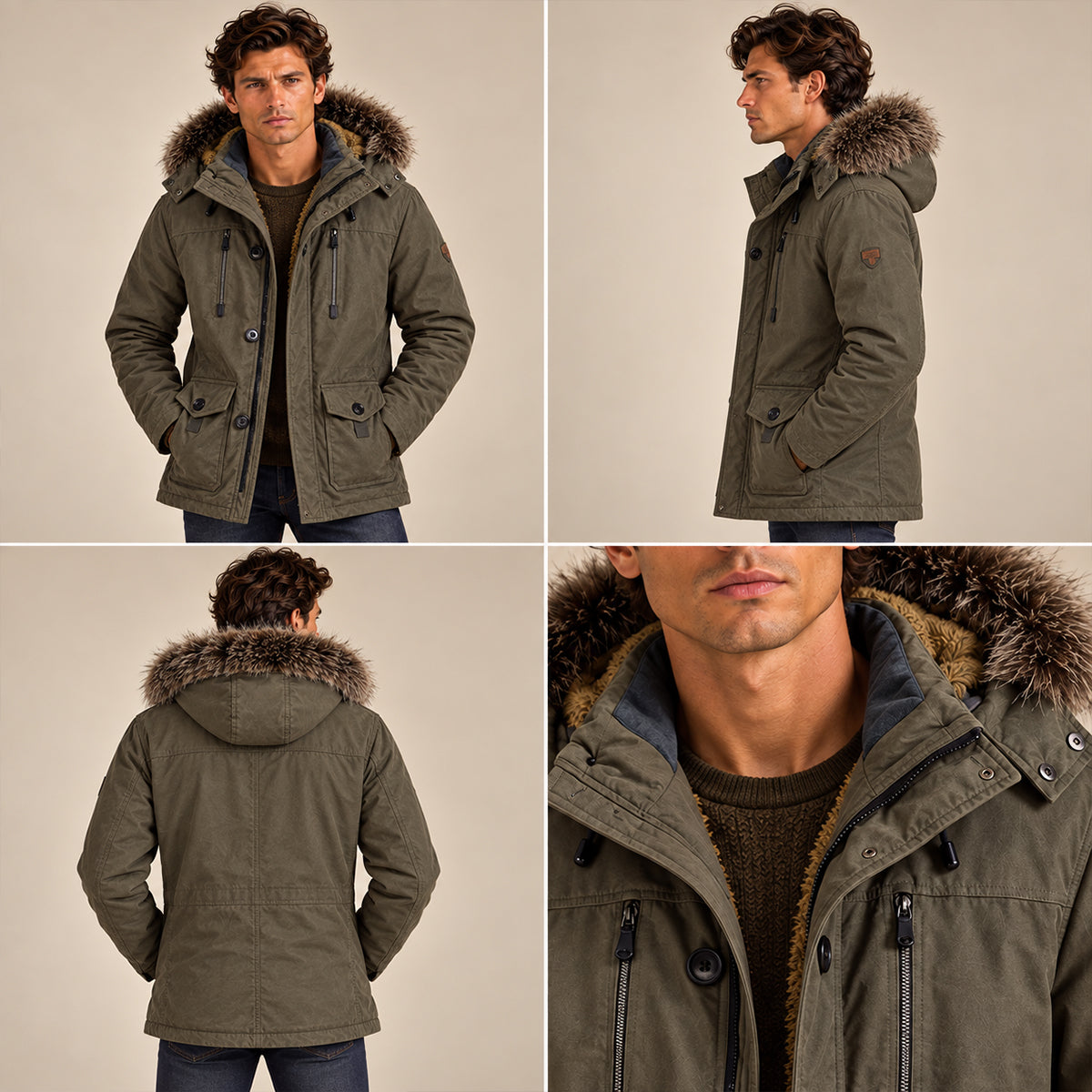 Men's Puffer Jacket Charcoal Fur Hooded Winter Coat