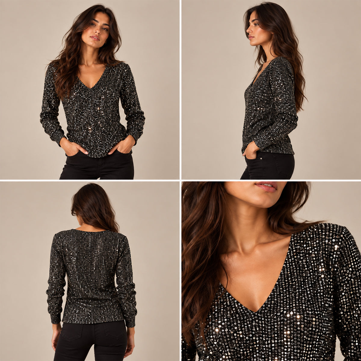 Women's Glitter V Neck Long Sleeve Top