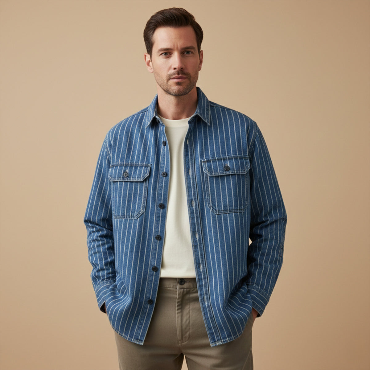 The Oakcrest Men’s Vintage Washed Vertical Stripe Denim Shirt Jacket – Light Blue