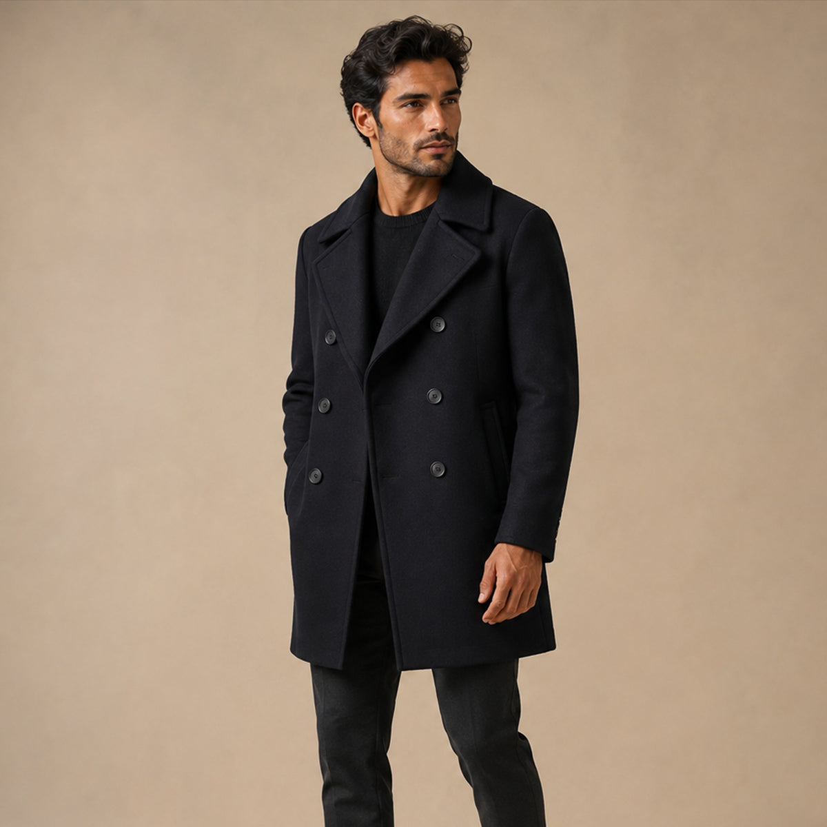 The Buckingham Men’s Warm Winter  Double Breasted Wool Peacoat – Black