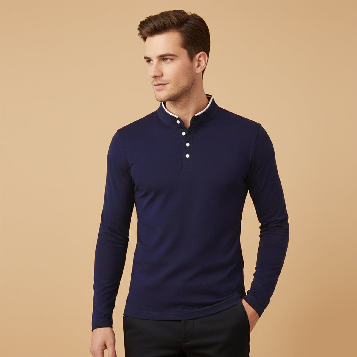 The Silverhill Men’s Stand Collar Solid Color Button Placket  T Shirt