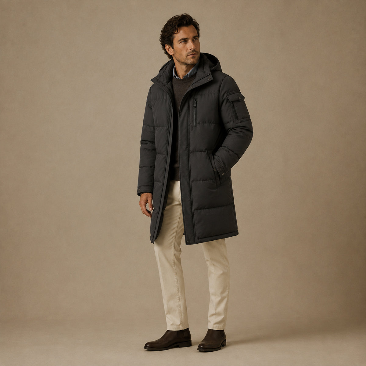 The Woking Men’s Thermal Longline Black Puffer Coat with Hood