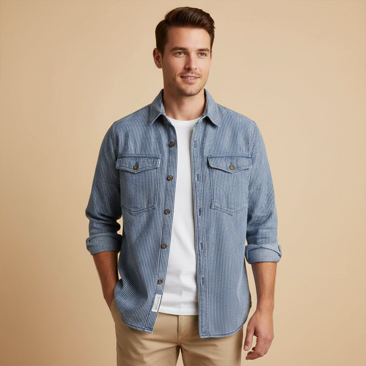 The Pinecrest Men’s Vintage Striped Cargo Denim Shirt Jacket
