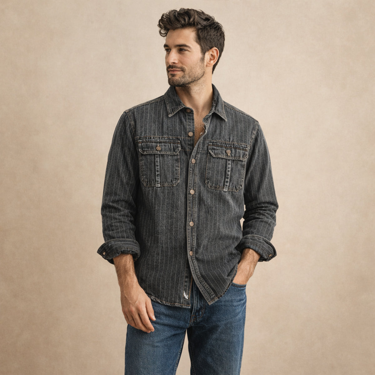 The Ridgecrest Hill Men’s Vintage Striped Denim Shirt Jacket