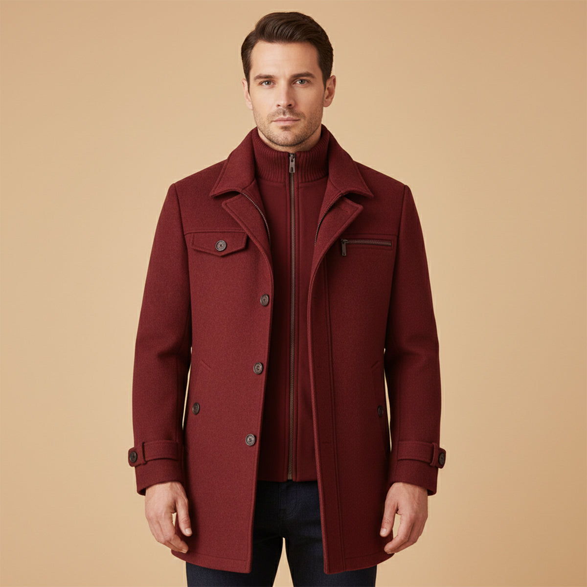 The Windermere Men’s Smart Wool Blend Jacket with Zipper and Button Closure