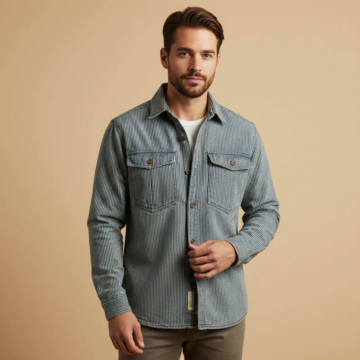 The Pinecrest Men’s Vintage Striped Cargo Denim Shirt Jacket