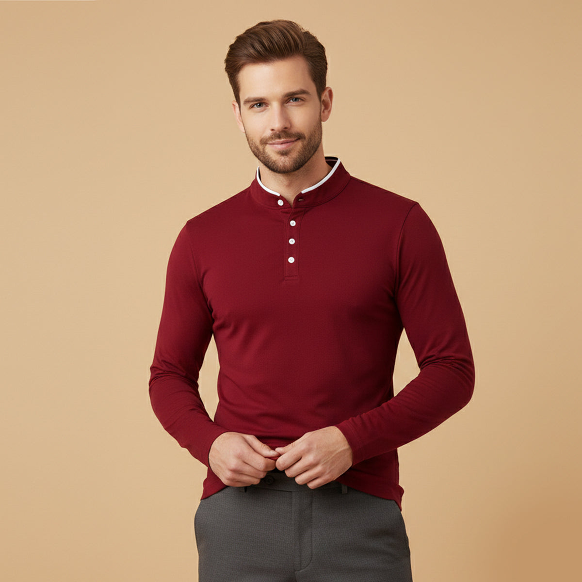 The Silverhill Men’s Stand Collar Solid Color Button Placket  T Shirt