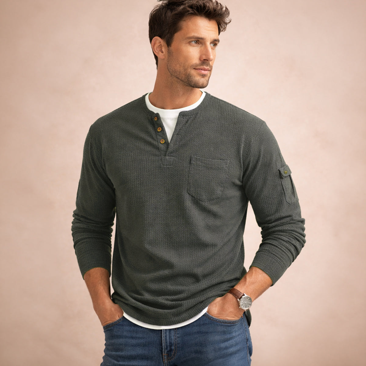The Cedarbrook Creek Men’s Waffle Henley Buttop Up Causal T Shirt