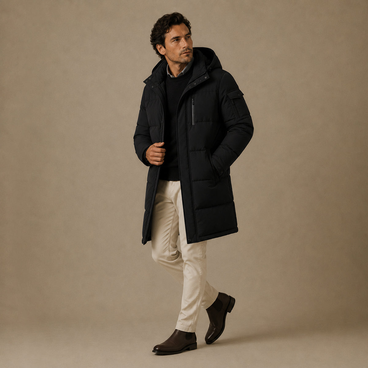 The Woking Men’s Thermal Longline Black Puffer Coat with Hood