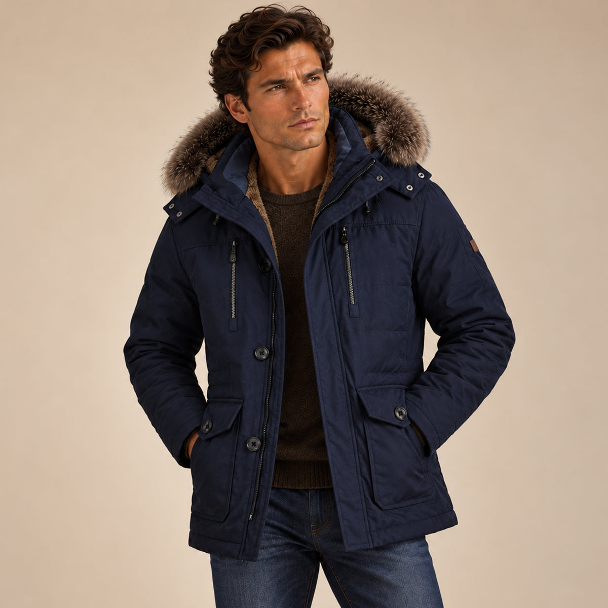 Men's Puffer Jacket Charcoal Fur Hooded Winter Coat