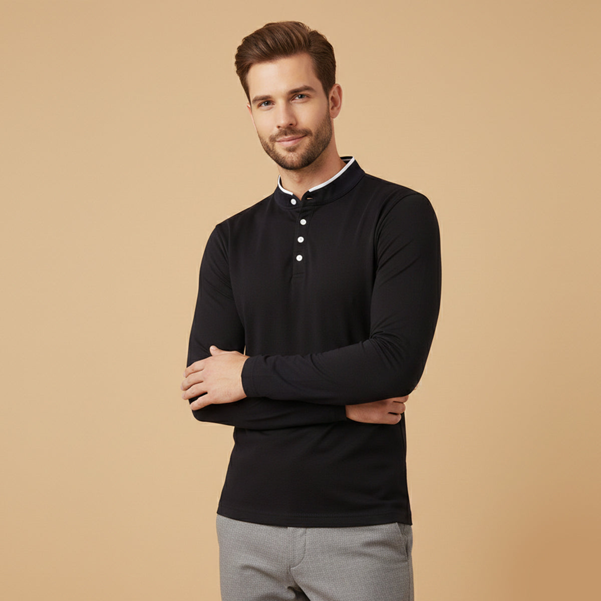 The Silverhill Men’s Stand Collar Solid Color Button Placket  T Shirt