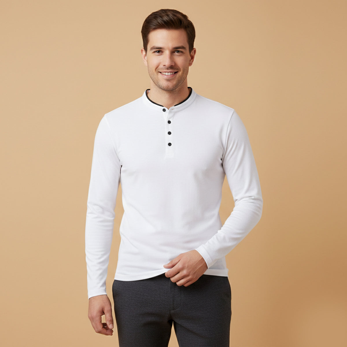 The Silverhill Men’s Stand Collar Solid Color Button Placket  T Shirt