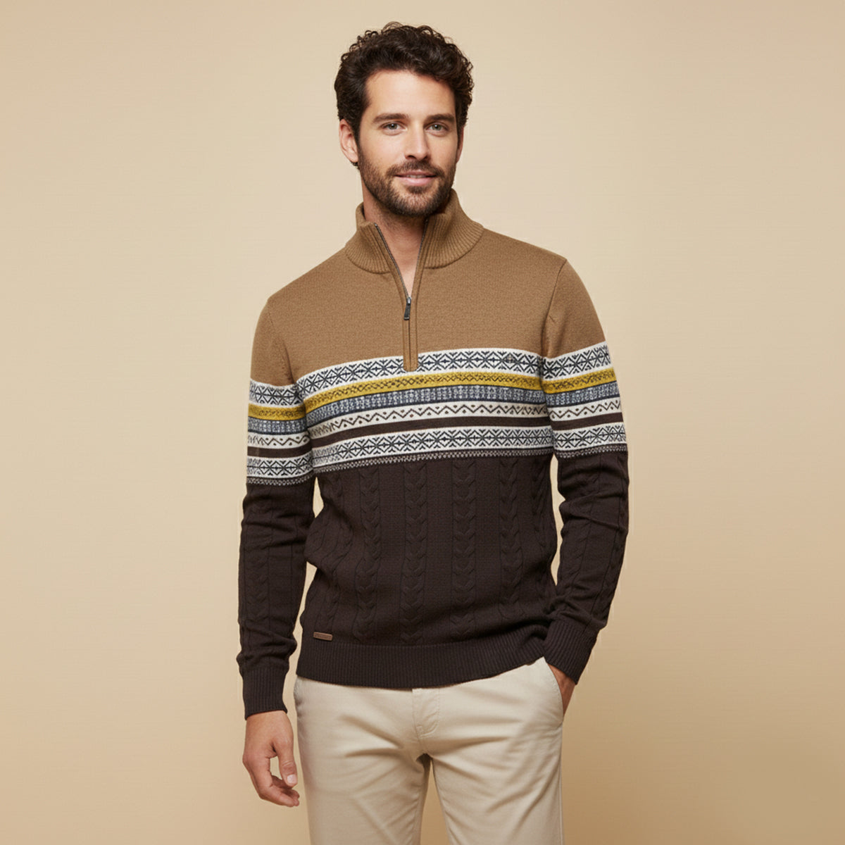 The Chatsworth Men's Quarter Zip Cotton Sweater – Fair Isle Knit