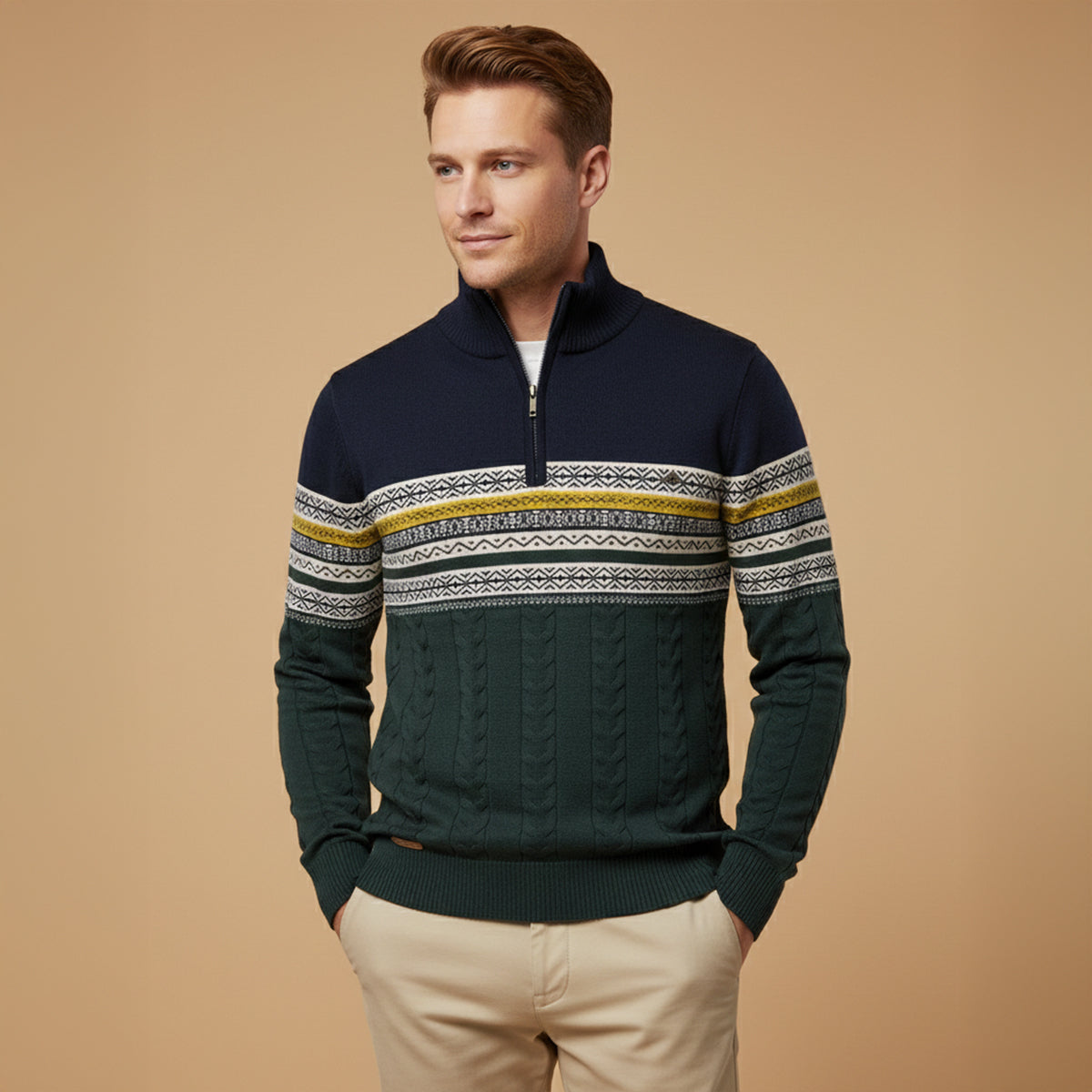 The Chatsworth Men's Quarter Zip Cotton Sweater – Fair Isle Knit