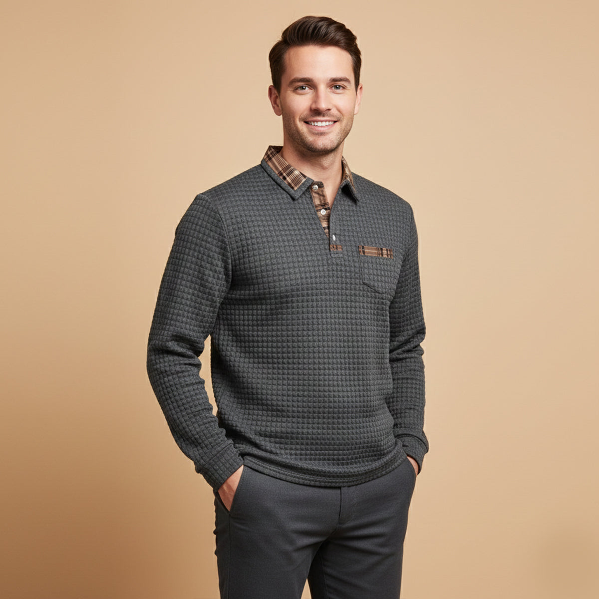 The Saturnia Men’s Waffle Knit Polo Sweater with Plaid Collar