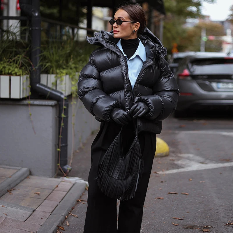 Women's Glossy Cropped Puffer Hooded Jacket